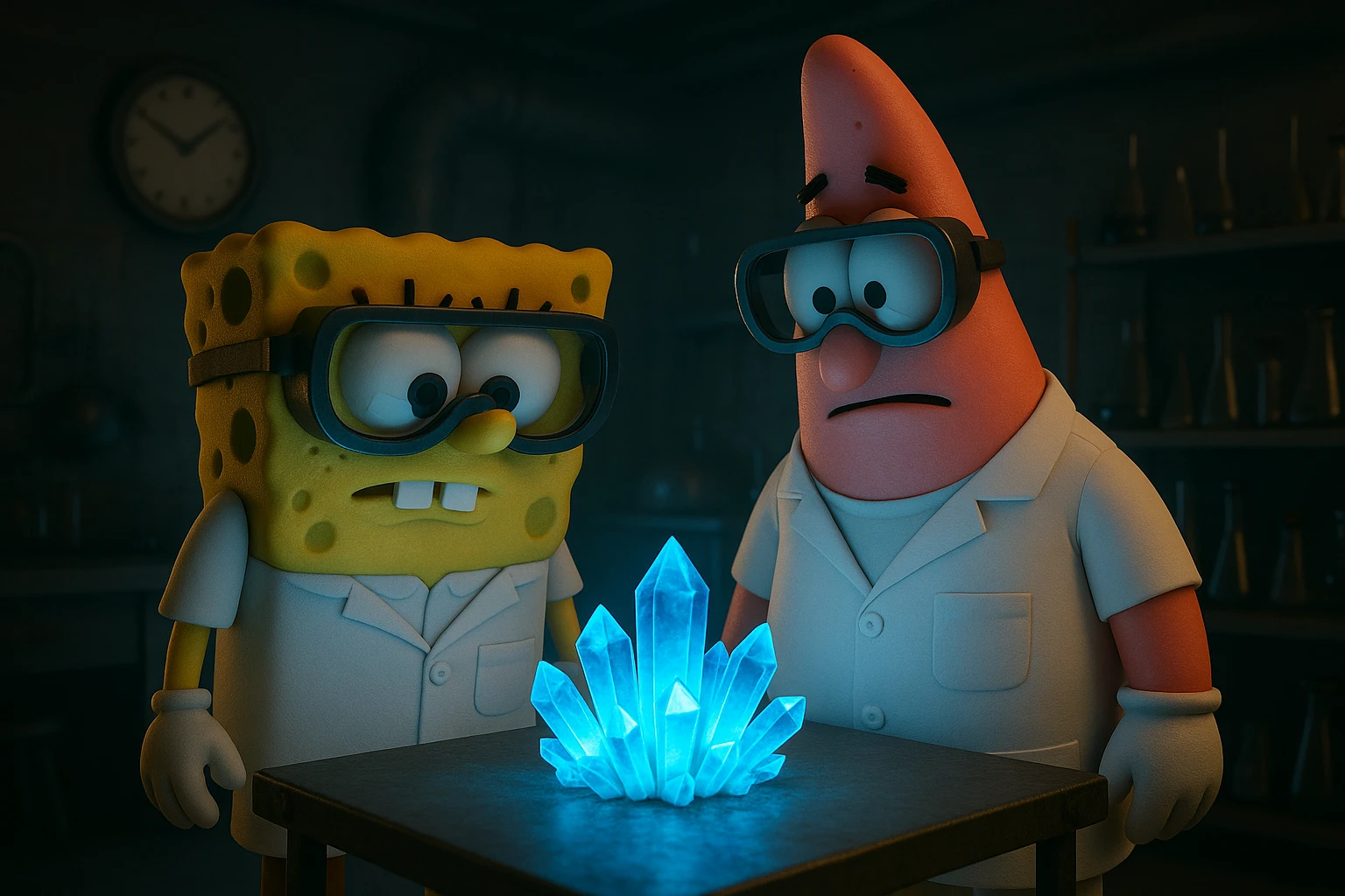 3D cienmatic cartoon shot, spongebob and patric dress in safety glasses and safe white outfit, the are standing front of table with blue crystals on table glowing (light source) science room in basement, back light, Cinema 4d render, proffesional lightning emoji