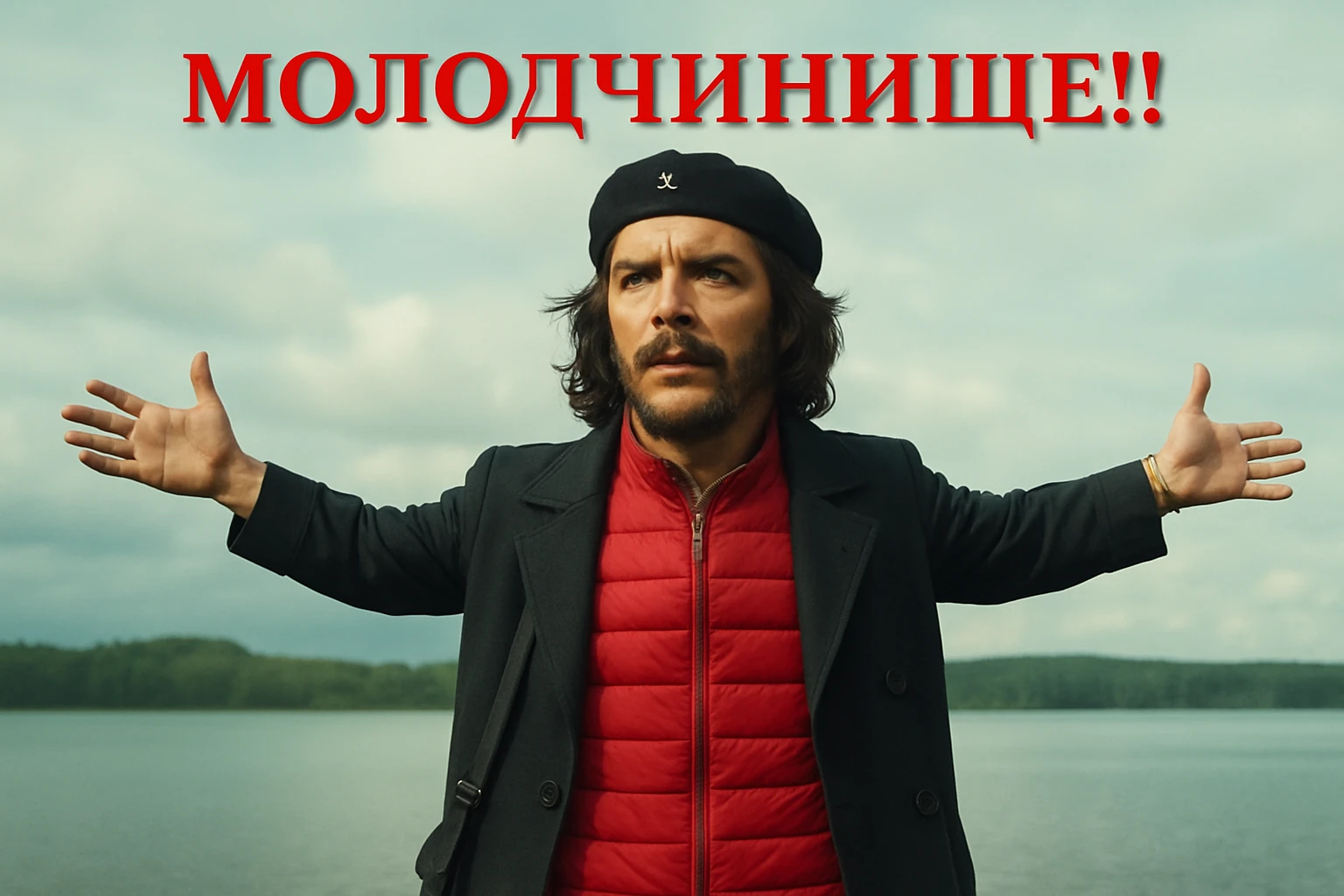 Сгенерируй мне в такой же позе и в такой же одежде Че Гевара (как на 2 фото). Сохраняй нормальные пропорции тела, голова не должна быть слишком большой, все должно смотреться гармонично и реалистично  emoji