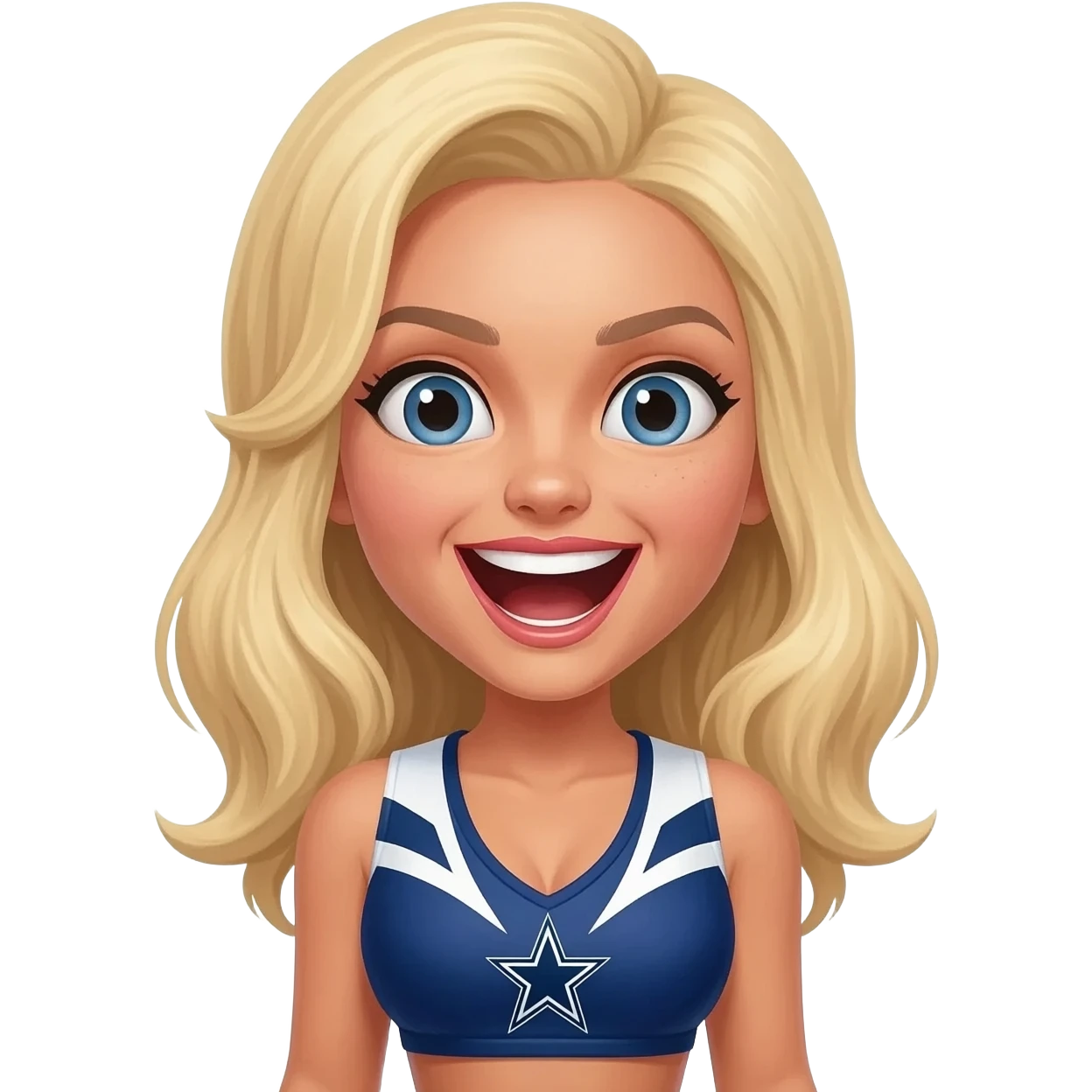 Dallas cowboys cheerleader blonde short top blue and wite super exited emoji