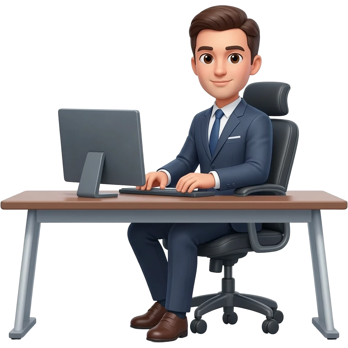A 30-year-old professional man sitting on an office chair at a modern office desk, emoji