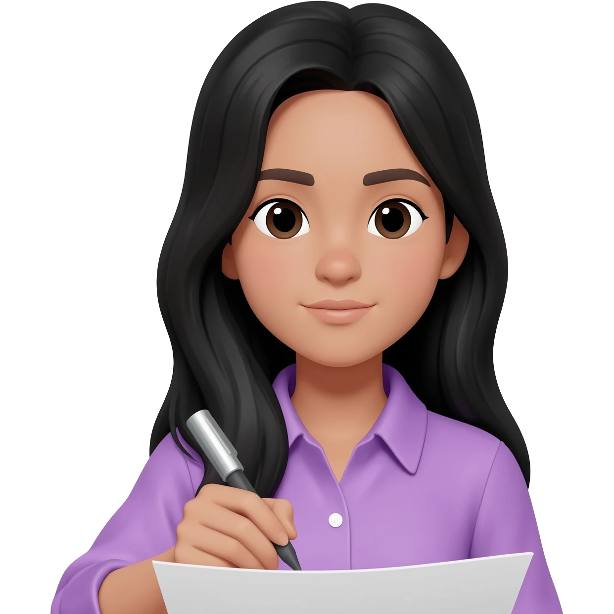 girly lilac shirt light tan , long black hair girl no bangs writing on paper emoji