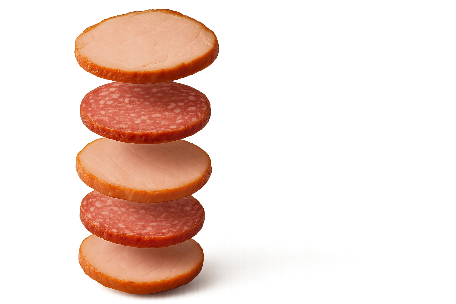 fettine di prosciutto cotto e di salame fluttuano in aria verticalmente, IPERREALISTICA 4K emoji