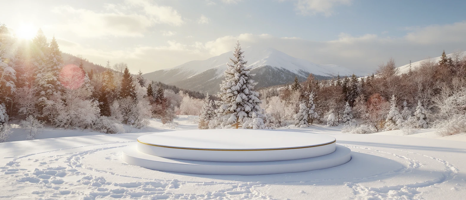 Cinematic still of a winter landcape, sunny day, white circle stage on middle, snowy,christmas tree in snow, in background we can see beautifull snowy landscape, soft light, symmetrical, day, captured on arri alexa --no curtains emoji