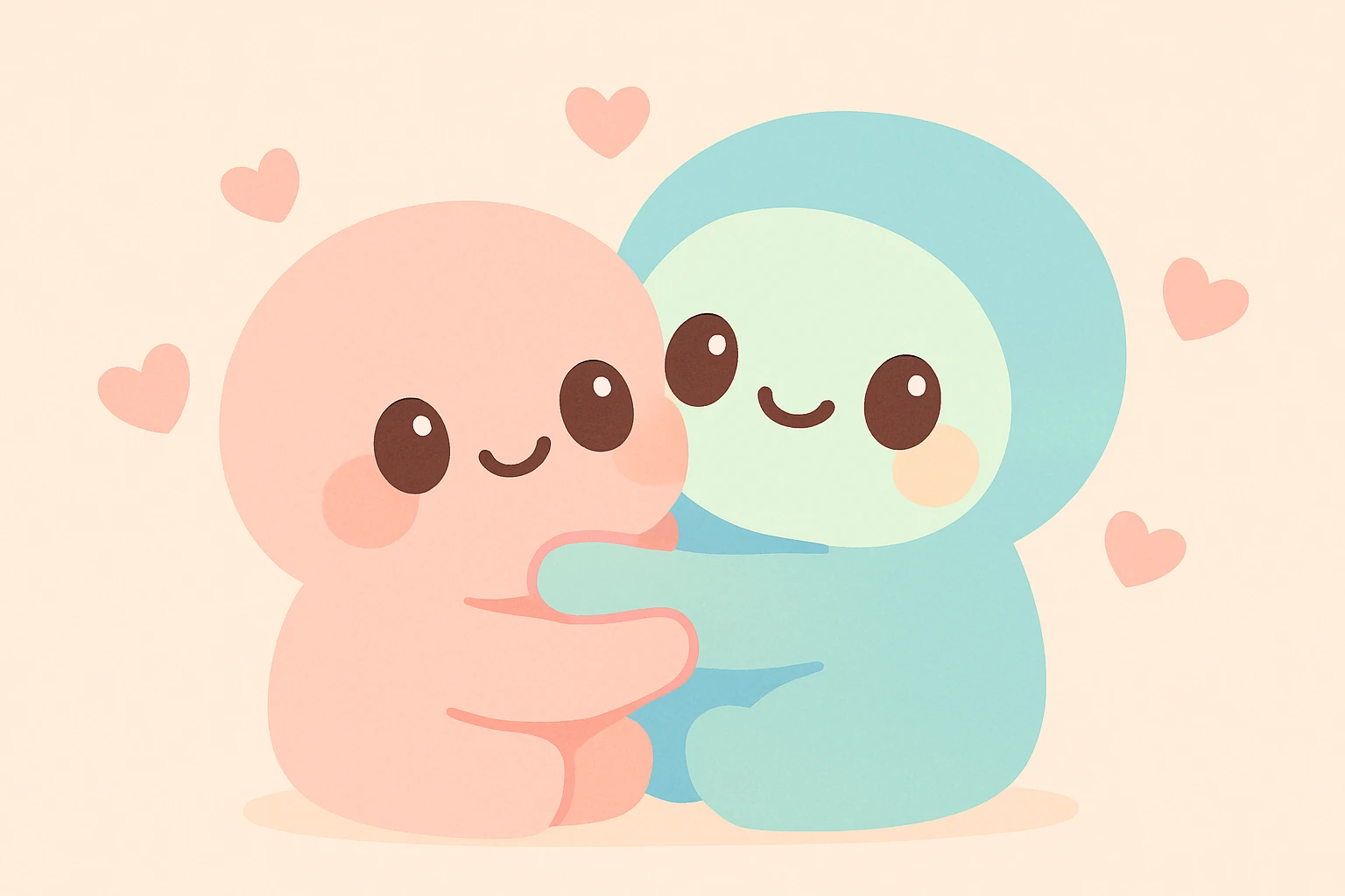 a warm hug between two cute characters, soft colors, adorable expressions, heartwarming scene emoji