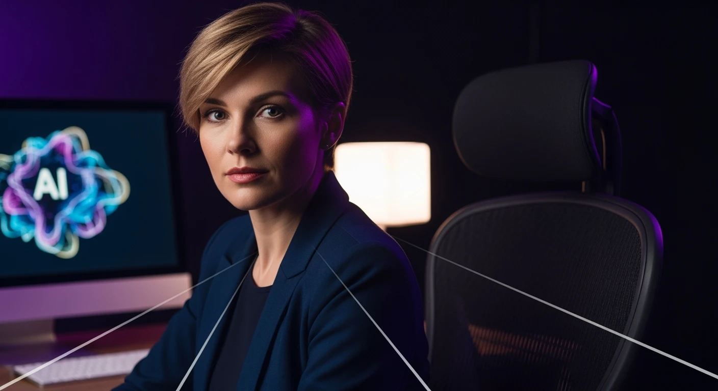 Course thumbnail, Photo of a business sitting on chair looking at camera, in background is computer with AI art on it, white softbox key light, environment is dark background but have proffesiona purple ambilight and leading lines, image feels proffesional and clean, rule od thirds emoji
