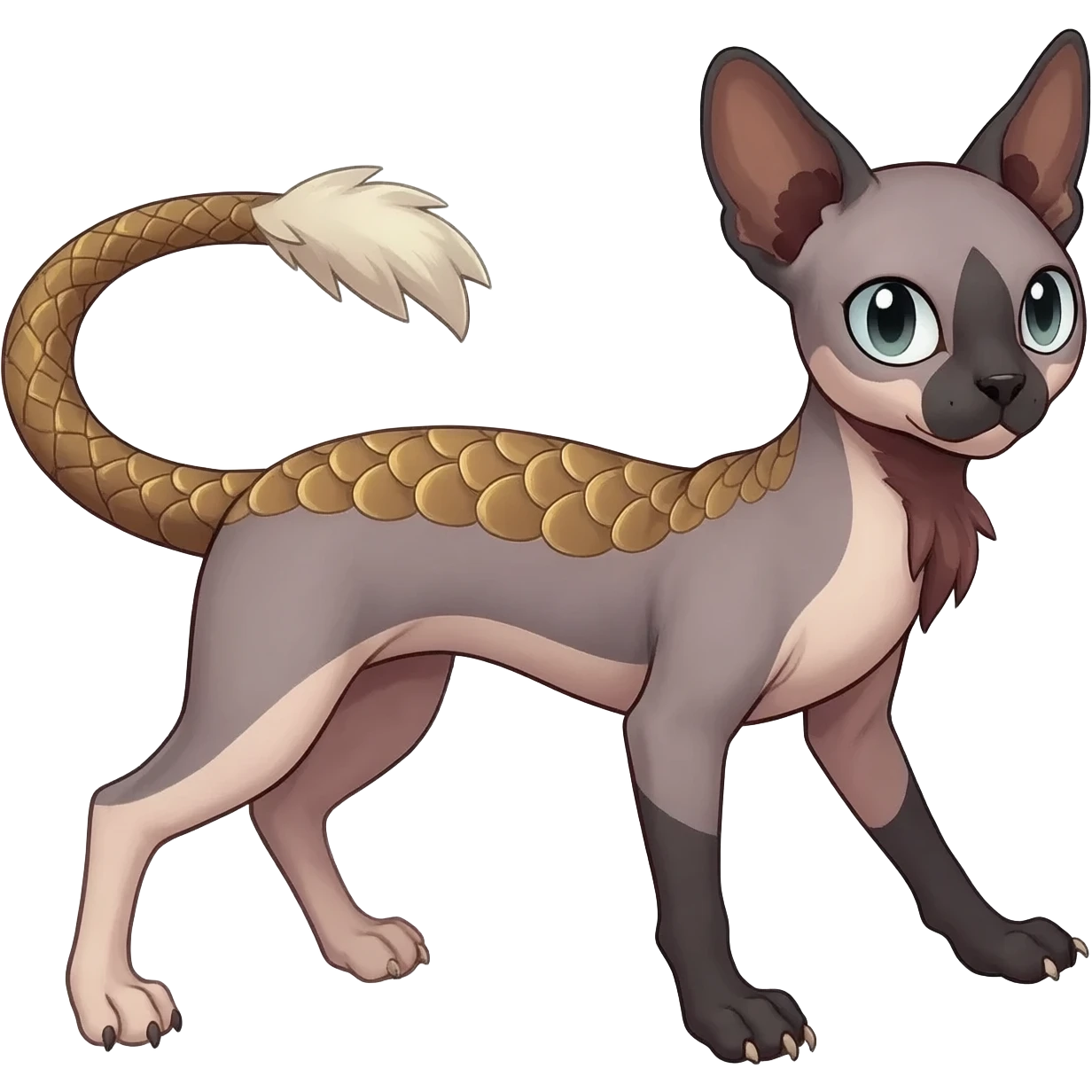 Furry, fluffy feathery scaly, Minccino-Sphynx-Lykoi-Linoone-Zangoose-fusion-hybrid-animal-Fakémon-creature, full body, thin long sleek scaly tail, intricate markings emoji