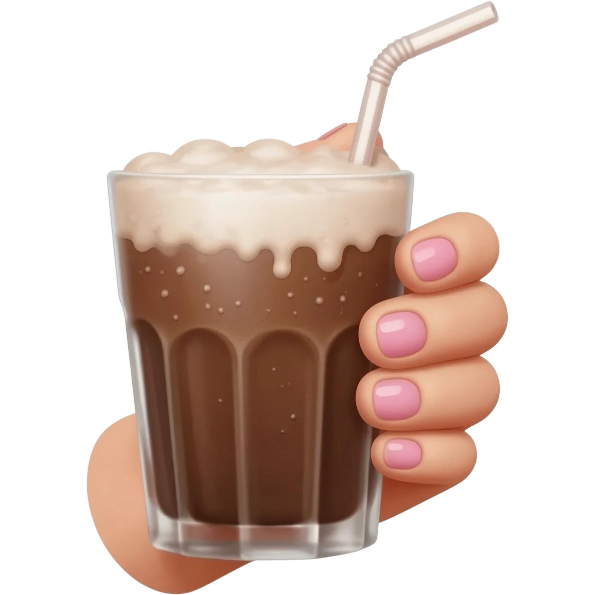 chocolat froid dans un grand verre avec une paille tenue par une jolie main de femme emoji