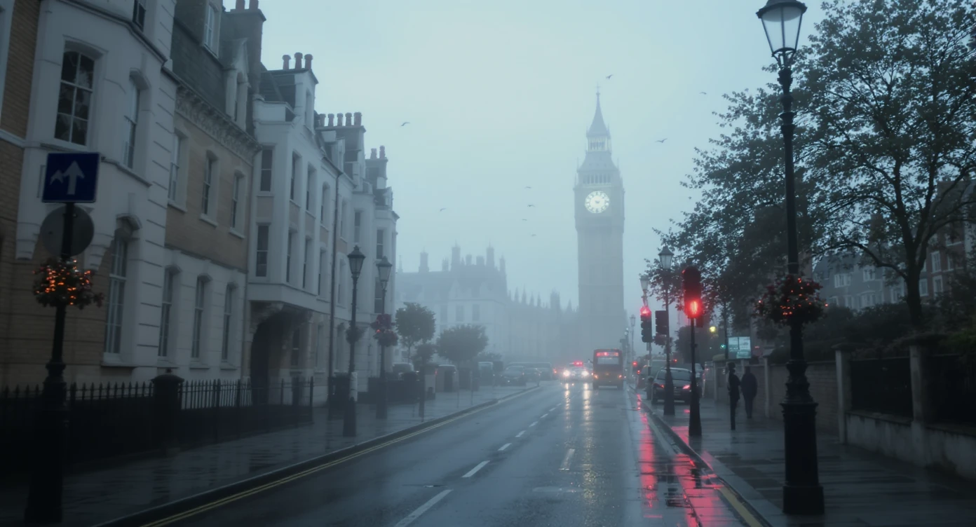 Cinematic shot of a london street, cloudy foggy day, soft light, leading lines to big ben in distance, multi composition, in foreground blurred car, on second street around UK bulding, od another plan in distance big ben, birds flying, artistic look, captured on arri alexa 35, triadal composition emoji
