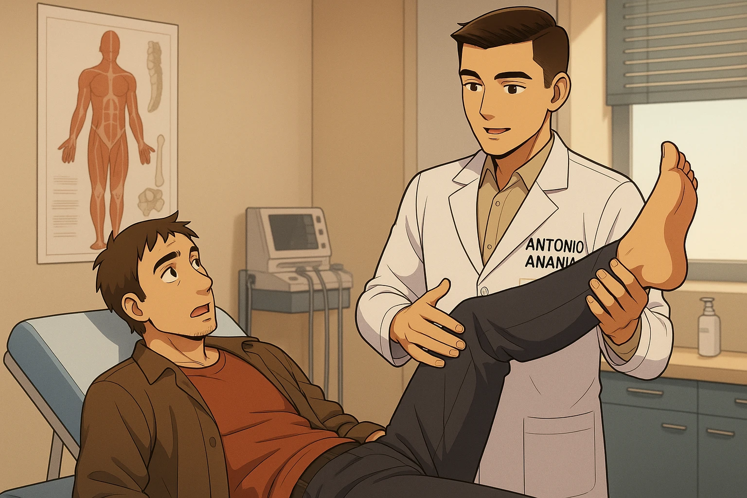 fai un webtoon manga a colori con questo stile, in cui un uomo è steso sul lettino medico e il kinesiologo con il camice bianco (fagli anche la scritta "ANTONIO ANANIA" SUL CAMICE, gli solleva una gamba per fargli il test neuromuscolare, IL KINESIOLOGO SPIEGA ALL'UOMO UNA cosa mentre gli alza la gamba. non fare i fumetti però, fai solo in modo che sembri stiano parlando emoji
