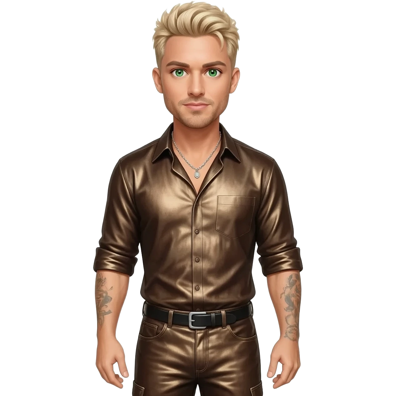 Lance Bass from NSYNC with green eyes, blonde hair, coffee brown metallic shirt, sepia metallic long baggy pants, silver necklace emoji