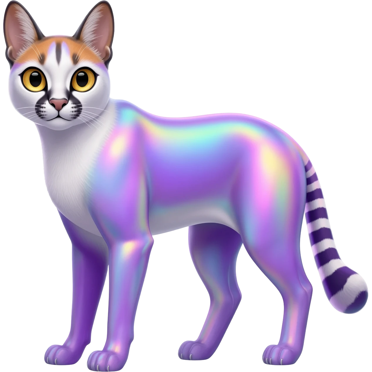 Colorful dark tropical pastel-lilac-lavender-violet iridescent pastel white glorious divine exotic cute cool beautiful shiny beautiful fantasy-caracal-civet-genet-sergal-vernid-Cacomistle-oncilla-animal-Fakémon-hybrid-fursona (full body) emoji