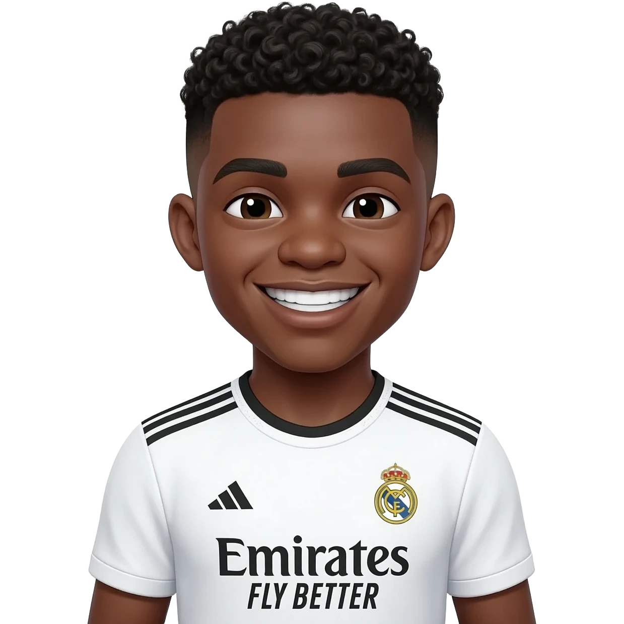 Emoji of a young dark-skin footballer with short tight curly black high-fade hair, oval face, thick eyebrows, wide bright smile showing teeth, slightly squinted happy eyes, wearing a white Real Madrid jersey with black Adidas shoulder stripes and ‘Emirates Fly Better’ sponsor. emoji