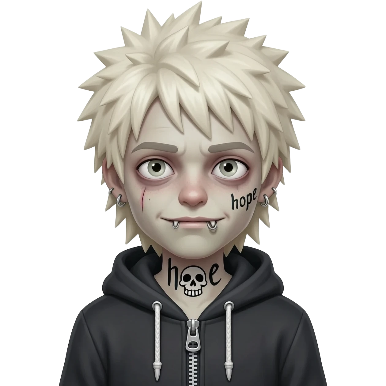 boy zombie japan spiky long platinum gold hair, hoodie zip is vignette skull wear piercings tatto "hope" emoji