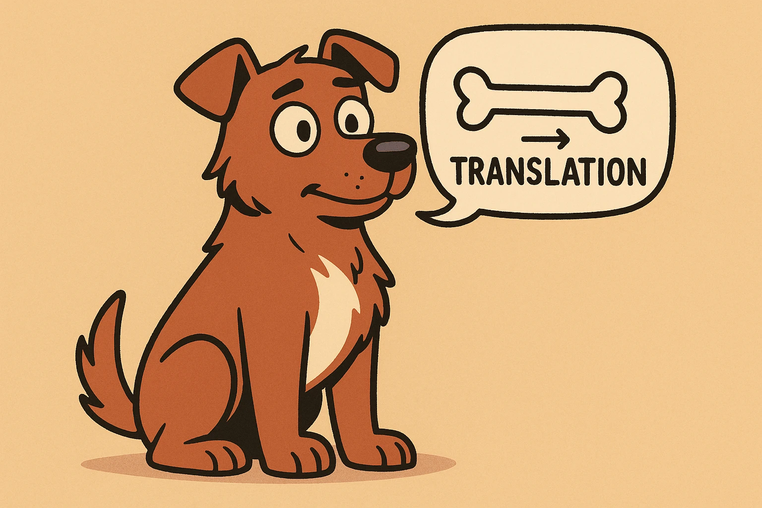 cartoon dog with a speech bubble containing a bone and human text, representing translation emoji