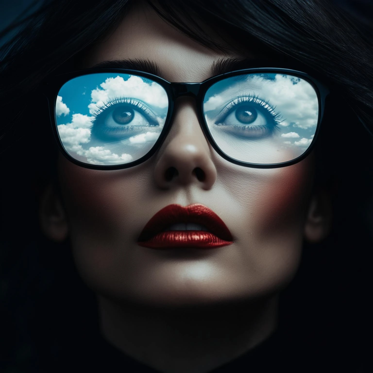 extreme closeup Photo of a beautifull woman with dark hairs and dark uotfit looking up (like villain), orange background, minimalistic, glasses with contrast reflection of blue sky and white clouds  emoji