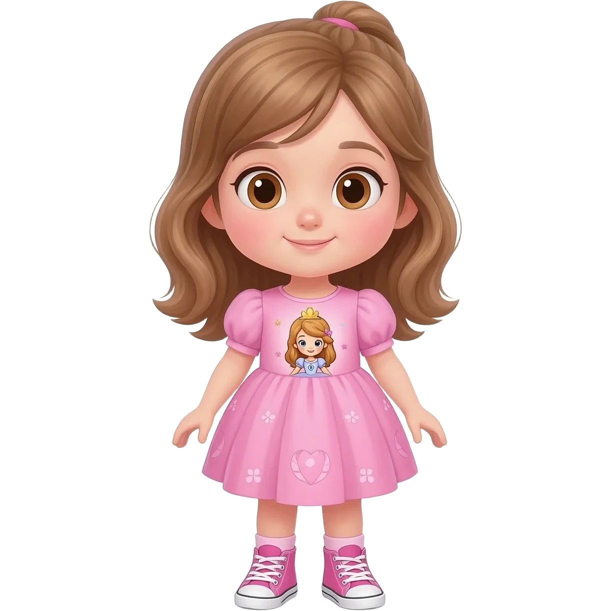 Young girl with light brown hair, half up, light brown eyes. Wearing a pink dress with a princess theme picture on it,  with matching pink sneakers.. emoji