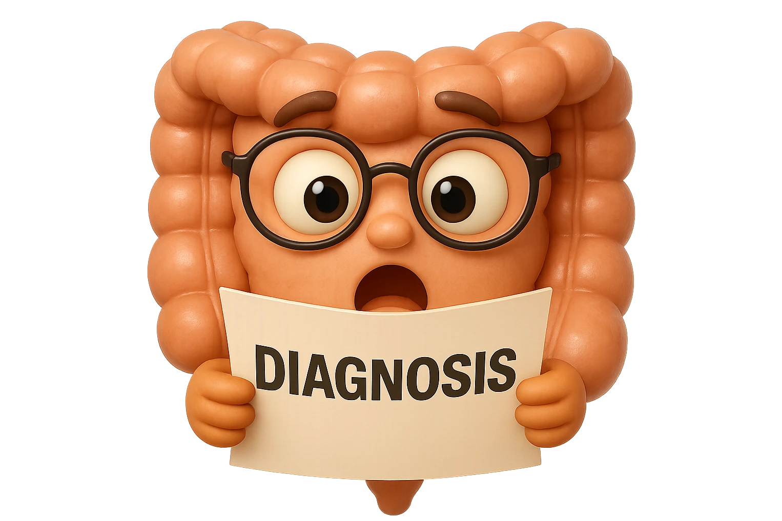 EMOJI STILE IPHONE DI UN INTESTINO CON GLI OCCHIALI CHE LEGGE UN FOGLIO CON LA SCRITTA DIAGNOSI, ESPRESSIONE STUPITA IN VOLTO, IPERREALISTICO 4K emoji