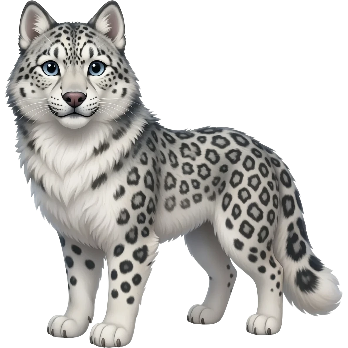 Realistic lanky natural feral beautiful pretty "Schnolf"-"TaniDaReal"-Husky-Snow-leopard-wolf-hybrid-fusion-animal-creature, full body, with whiskers, thick long fluffy puffy limp feline tail emoji
