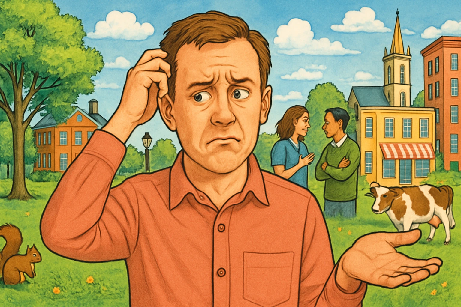 a person with a confused expression surrounded by clear, detailed objects and scenery, representing difficulty judging people but easily perceiving surroundings emoji