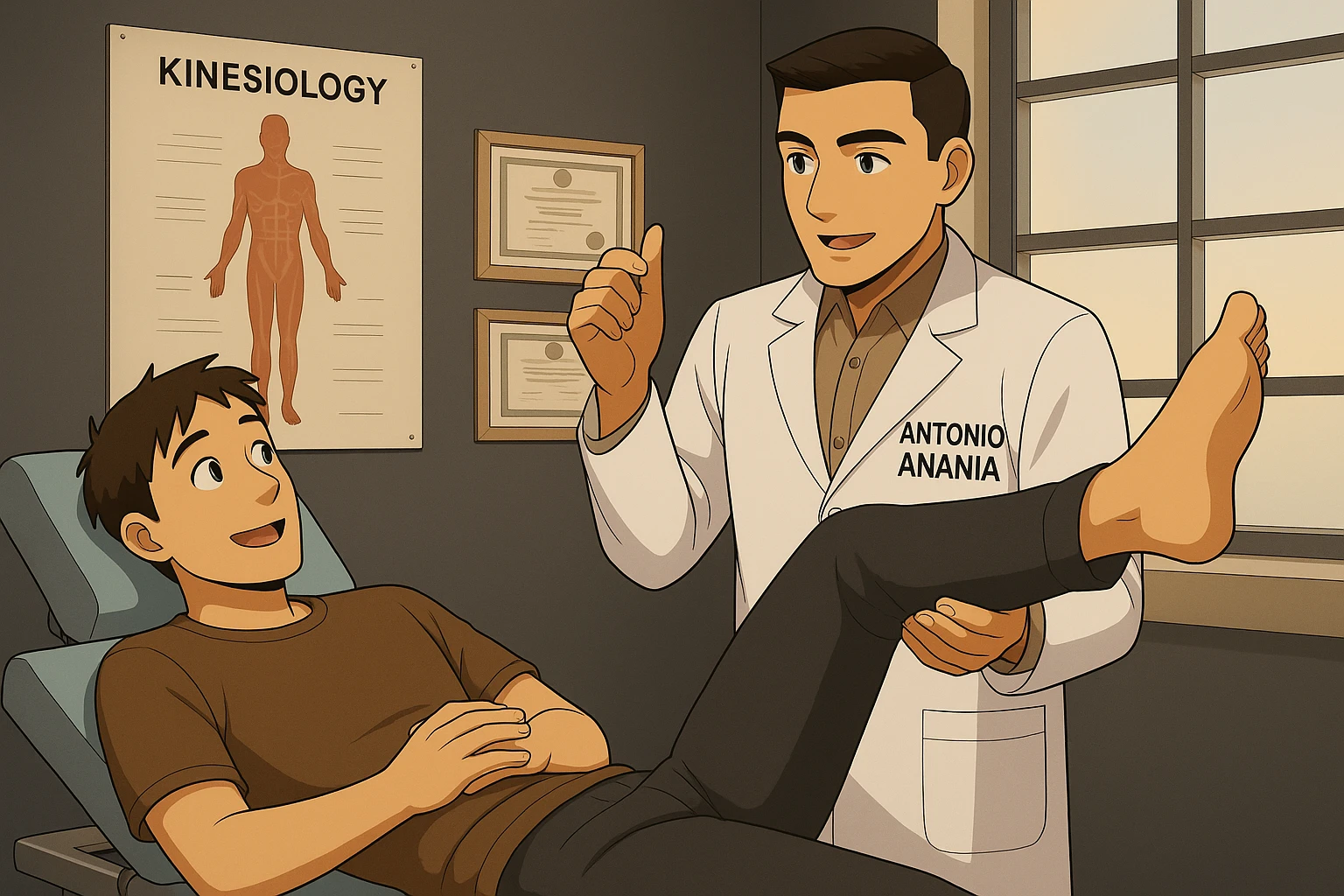 su questo lettino rappresenta un webtoon manga a colori con questo stile, in cui un uomo è steso sul lettino medico e il kinesiologo con il camice bianco (fagli anche la scritta "ANTONIO ANANIA" SUL CAMICE, gli solleva una gamba per fargli il test neuromuscolare, IL KINESIOLOGO SPIEGA ALL'UOMO UNA cosa mentre gli alza la gamba. l'espressione dell'uomo è felice e soddisfatta, non fare i fumetti però, fai solo in modo che sembri stiano parlando emoji
