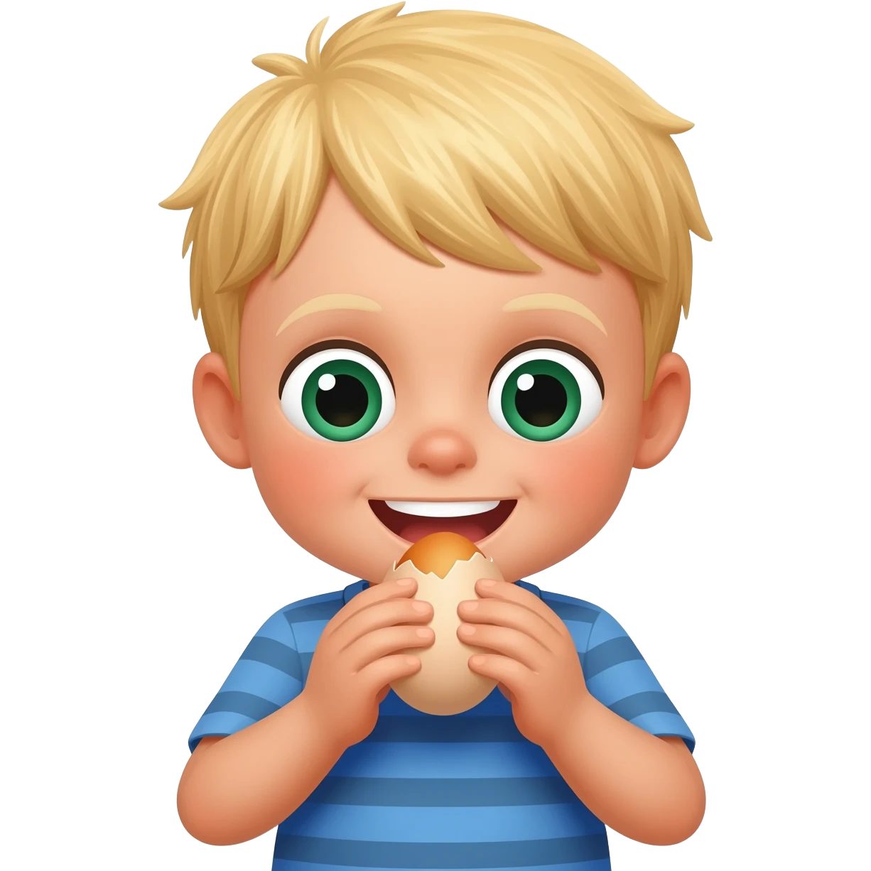 3 year old blonde boy with green-blueish eyes happy eating eggs for breakfast emoji
