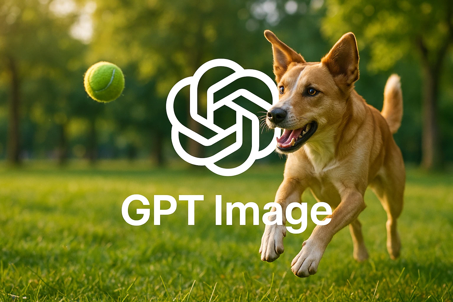 logo of chat gpt with text "GPT Image" on the background of a dog chasing ball, realistic image emoji