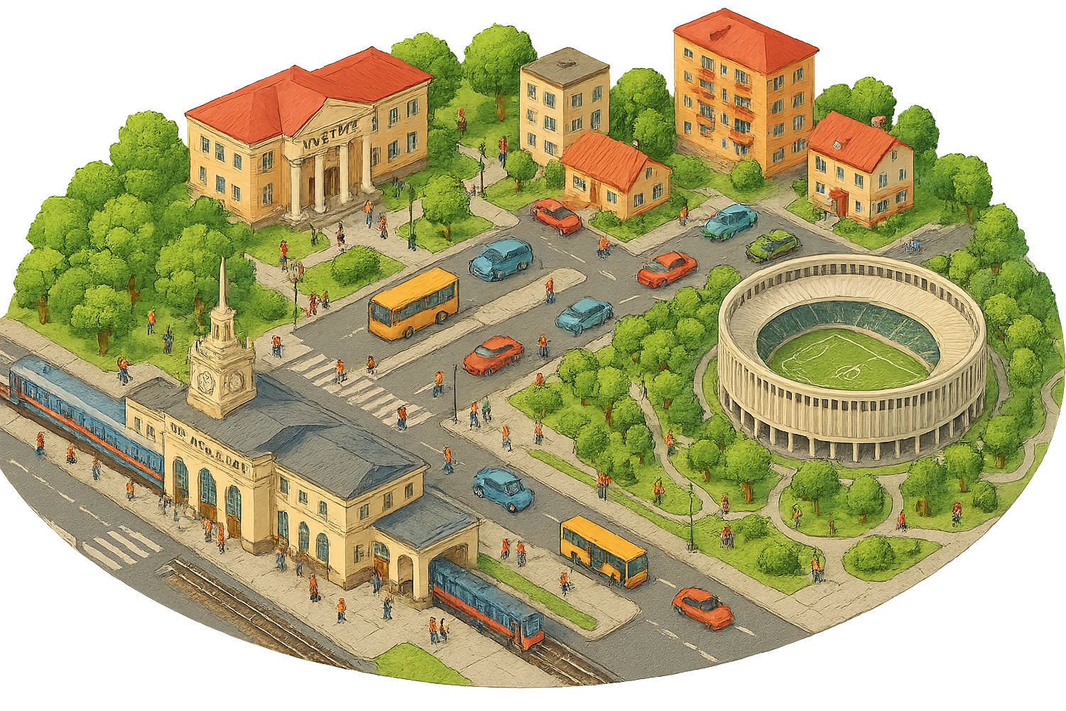 Изометричная миниатюрная фотореалистичная 3D модель панорамы Краснодара - вокзал Краснодар, КубГМУ, парк Краснодар со стадионом, краснодарские дома, автотранспорт четкие линии, яркие цвета, мультяшный реализм, люди, автотранспорт, компактная композиция, вид сверху в изометрии, прозрачный фон emoji