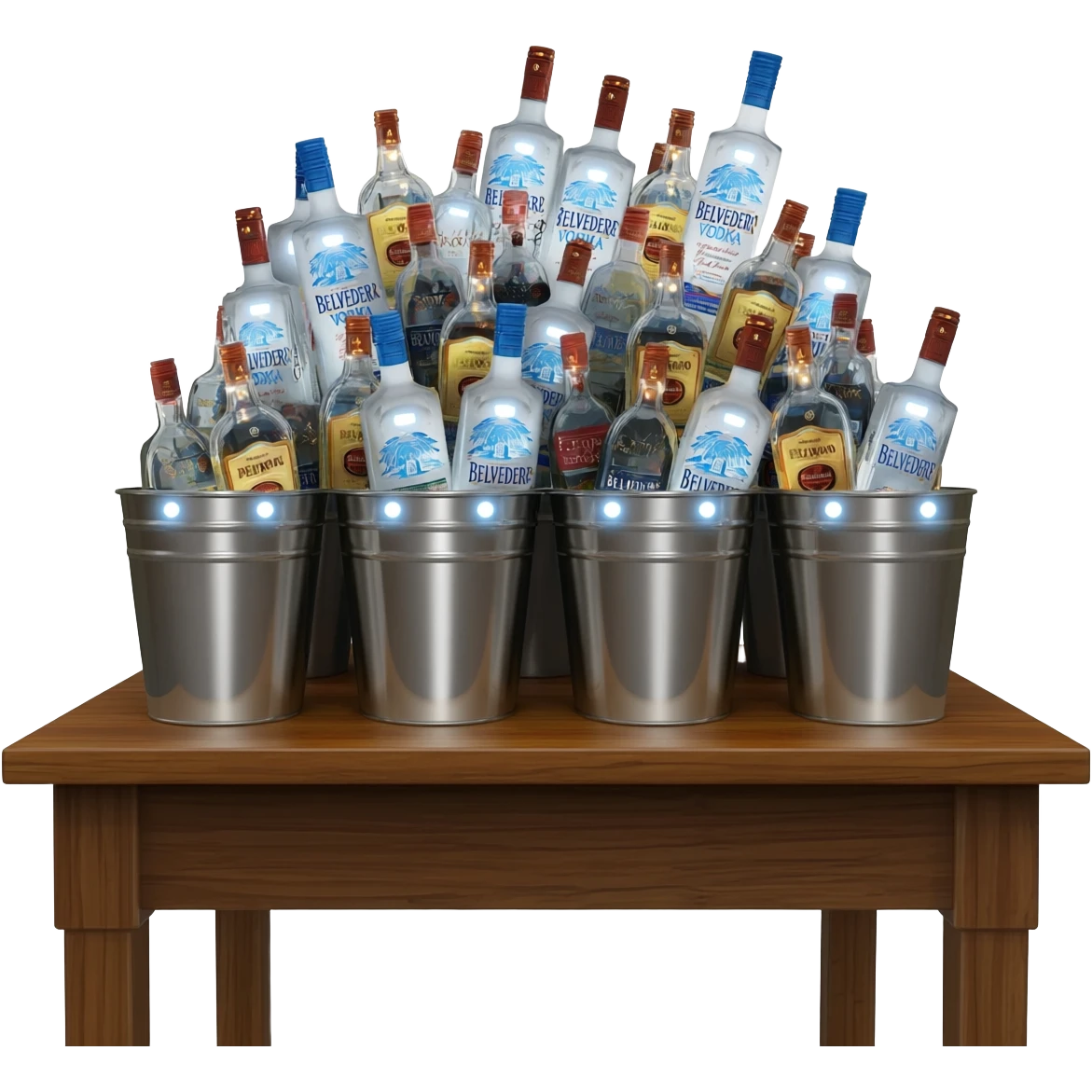 People regularly took pictures of the bottles piled high in buckets on the tables. Liquor bottles are likewise decorated with blinking flashlights. Bottles of Belvedere vodka and Patron tequila are lit from within the glass bottle with a dark light emoji