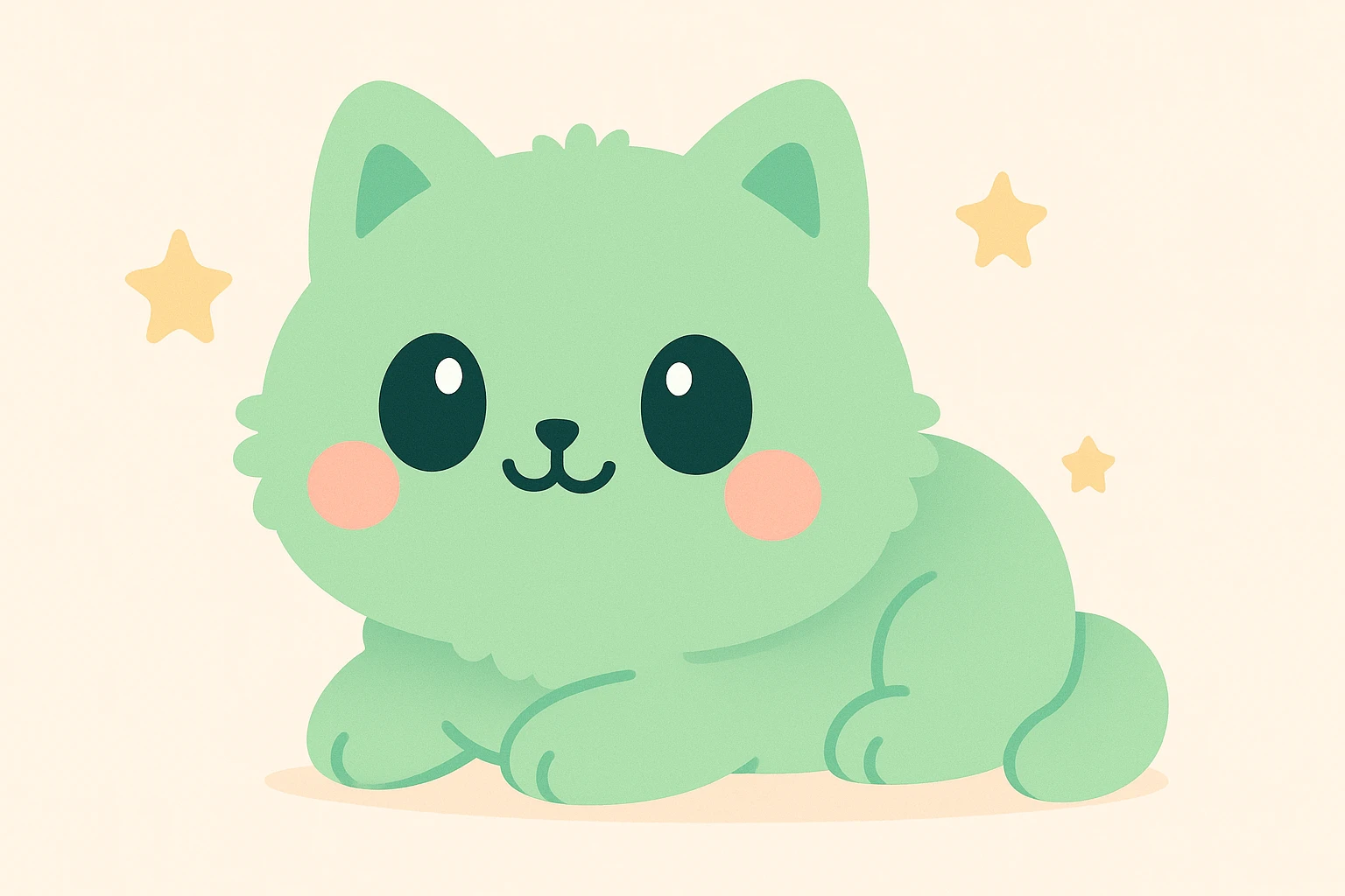 green fuzzy cute cat, lying down, smiling, oversized head, chubby cheeks, cartoon style emoji