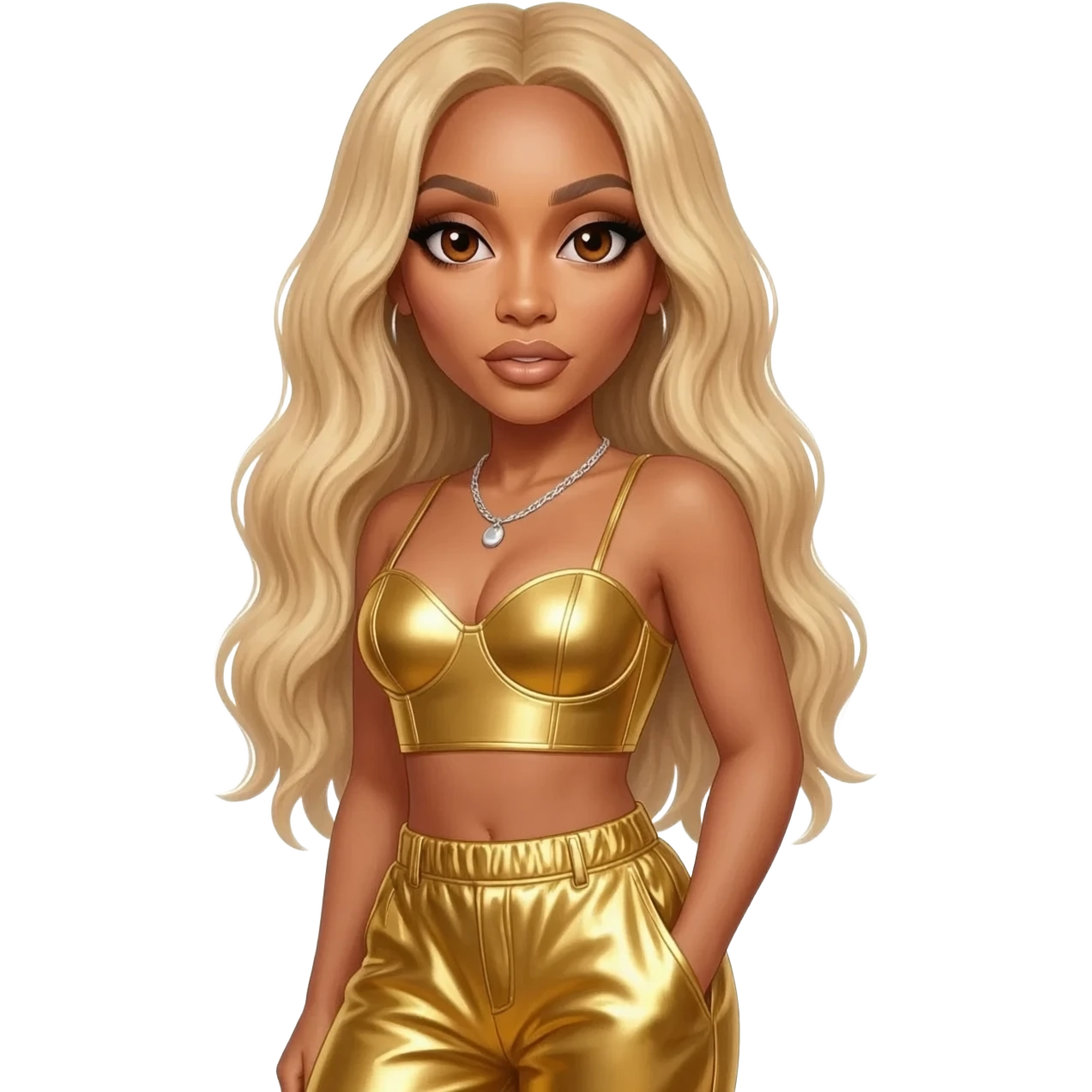 Beyonce with brown eyes, long golden blonde hair, gold metallic sweetheart crop top, gold metallic baggy pants, silver necklace emoji