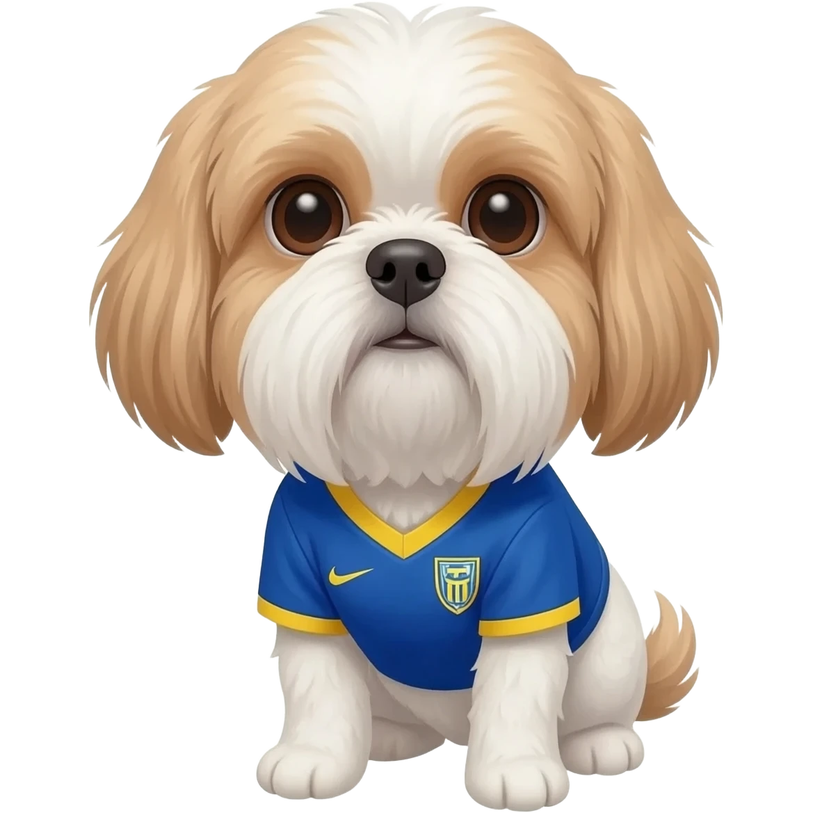 white and light brown shih zhu wearing a Curacao soccer jersey v neck 2026 work cup emoji