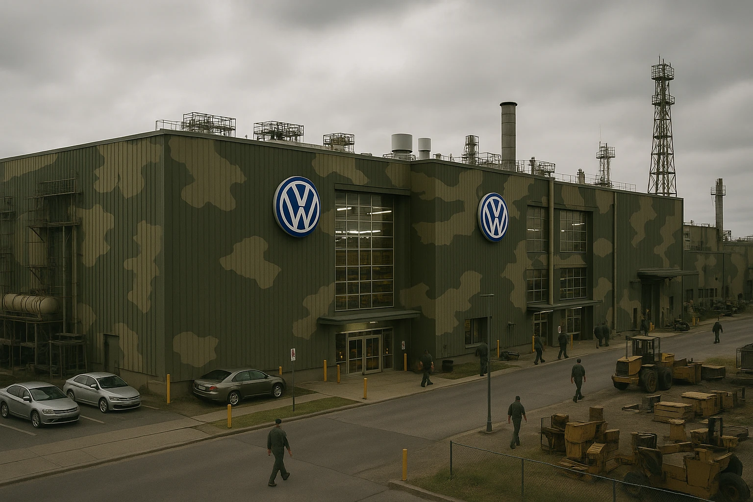 Realistic Volkswagen factory exterior, large industrial building with Volkswagen logo, parking lots filled with cars, factory grounds with machinery and equipment, realistic lighting and shadows, industrial atmosphere, workers in uniforms walking around, camouflage colors, focus on the factory building in camouflage colors emoji