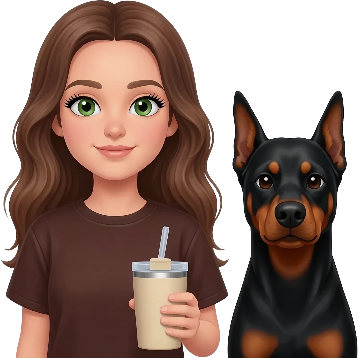 a girl with long wavy brown hair and green eyes holding a beige stanley cup, she is wearing dark chocolate skims t-shirt, she has long eyelashes and her german pinscher black dog is near her emoji