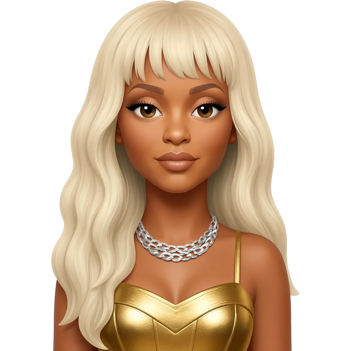 Beyonce from Destiny's Child with long platinum blonde hair, gold metallic dress, silver necklace emoji