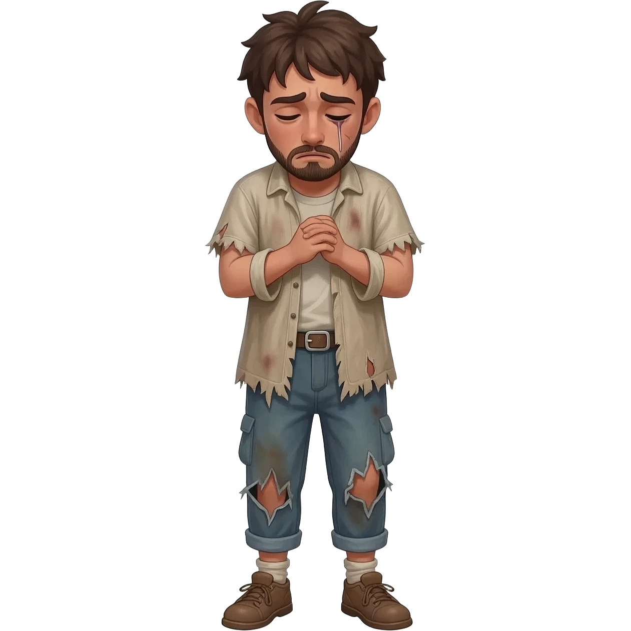 нарисуй раскаявшегося молодого человека  в рваной одежде  возрастом 20-24  года во весь рост  ,  времена древнего иерусалима emoji