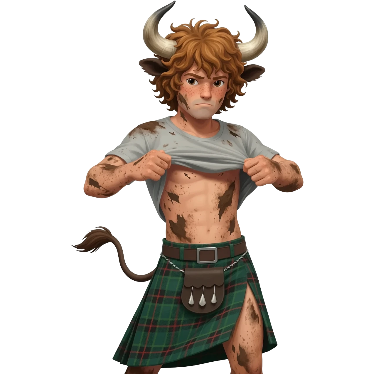 buff curly hairy man covered in dirt with freckles with messy light brown bangs that covers his face completely with bull horns and bull ears and bull tail dressed in kilt rips his T-shirt apart with wind in his hair emoji