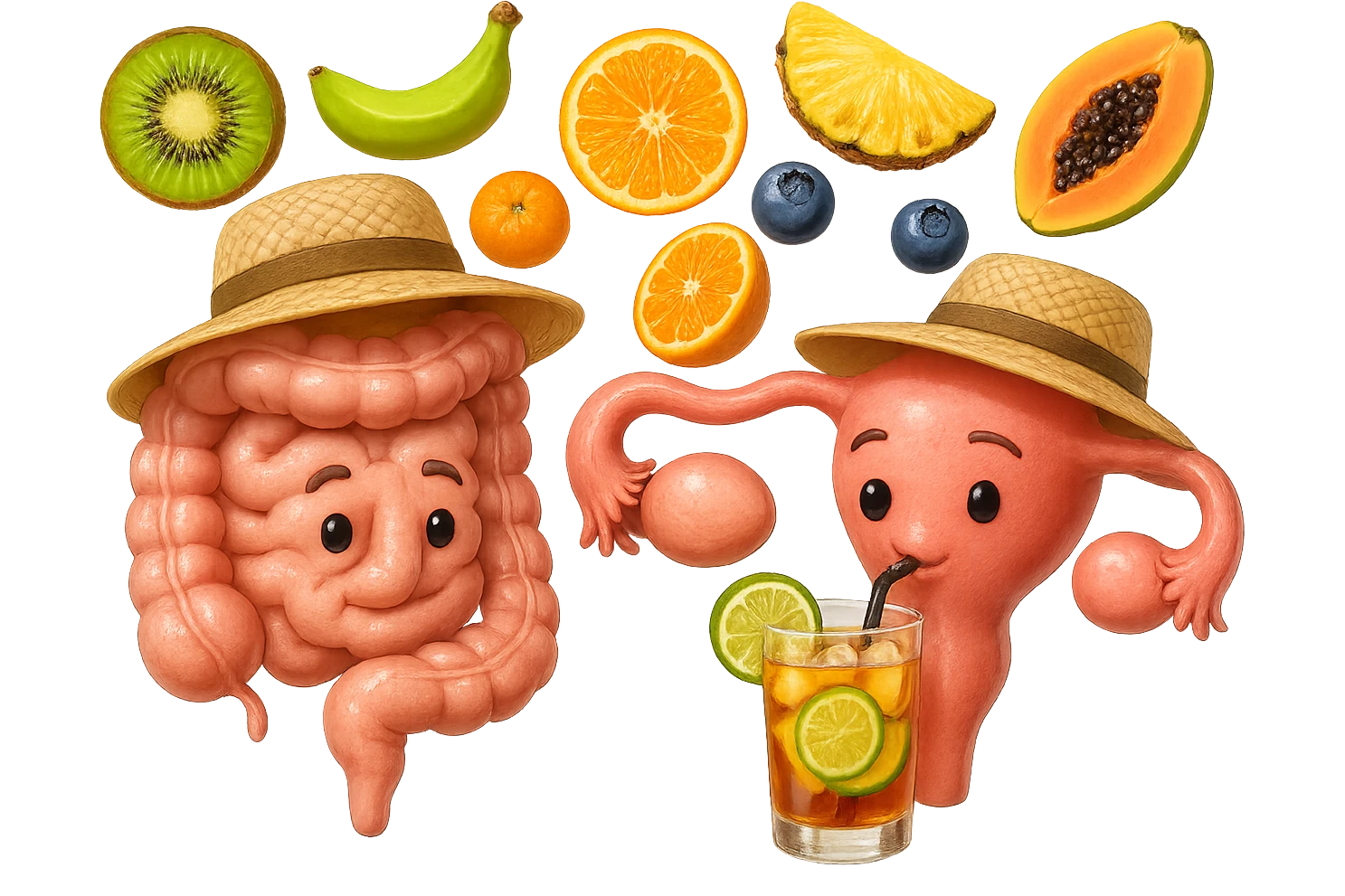 EMOJI STILE IPHONE DI INTESTINO E UTERO UMANI REALISTICI CON CAPPELLO DI PAGLIA DA SPIAGGIA CHE BEVE UN Tè FREDDO IN BICCHIERE DI VETRO CON DENTRO  fette di cetriolo, limone, lime, DIETRO L'INTESTINO FLUTTUANO PEZZETTI DI Kiwi
Banana acerba
Arance e mandarini
Mirtilli
Ananas
Papaya
IPERREALISTICO 4K emoji