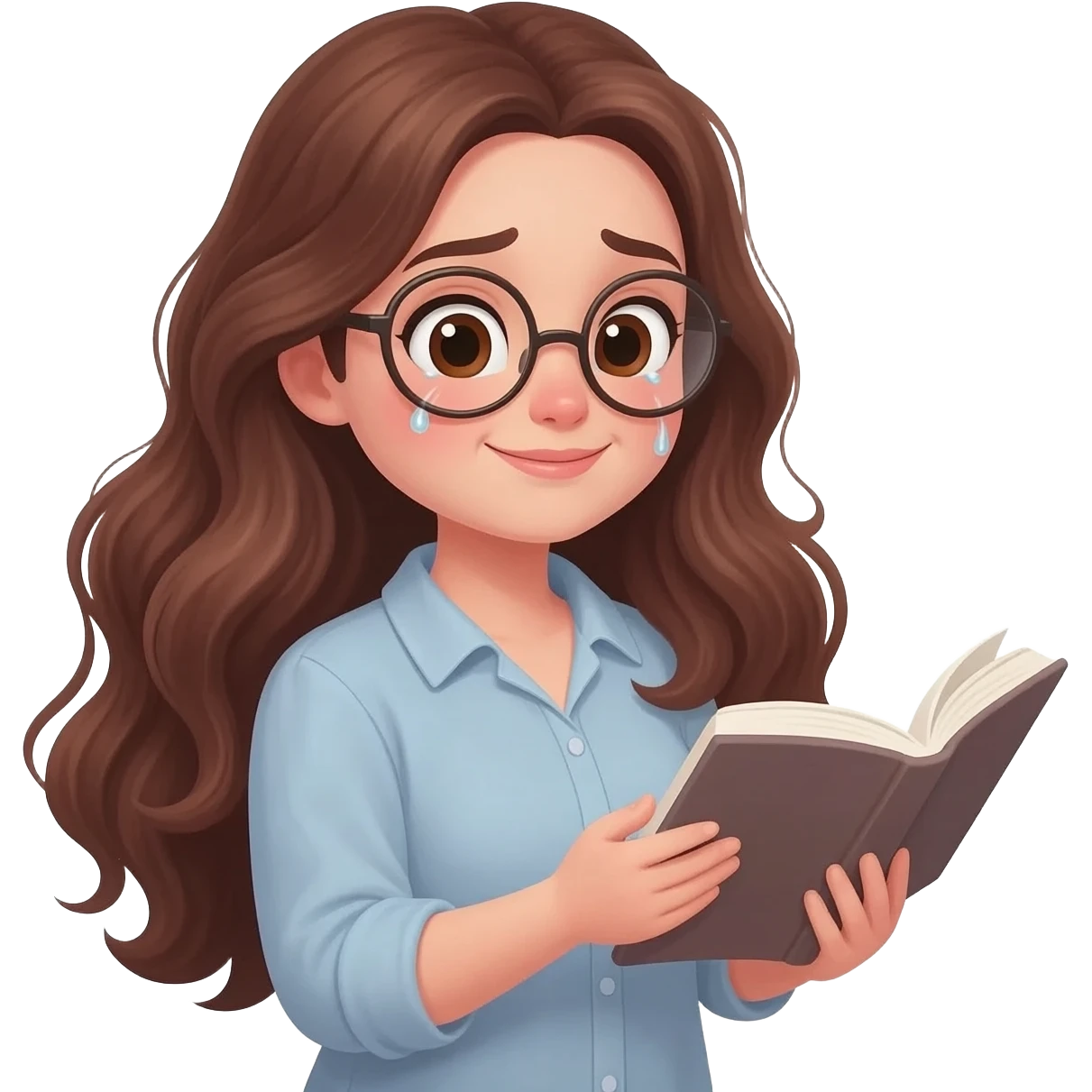 detailed emoji illustration of a curvy woman with long chestnut brown wavy hair, light brown eyes and round glasses reading a book with an emotional expression, touched by the story, emoji style emoji