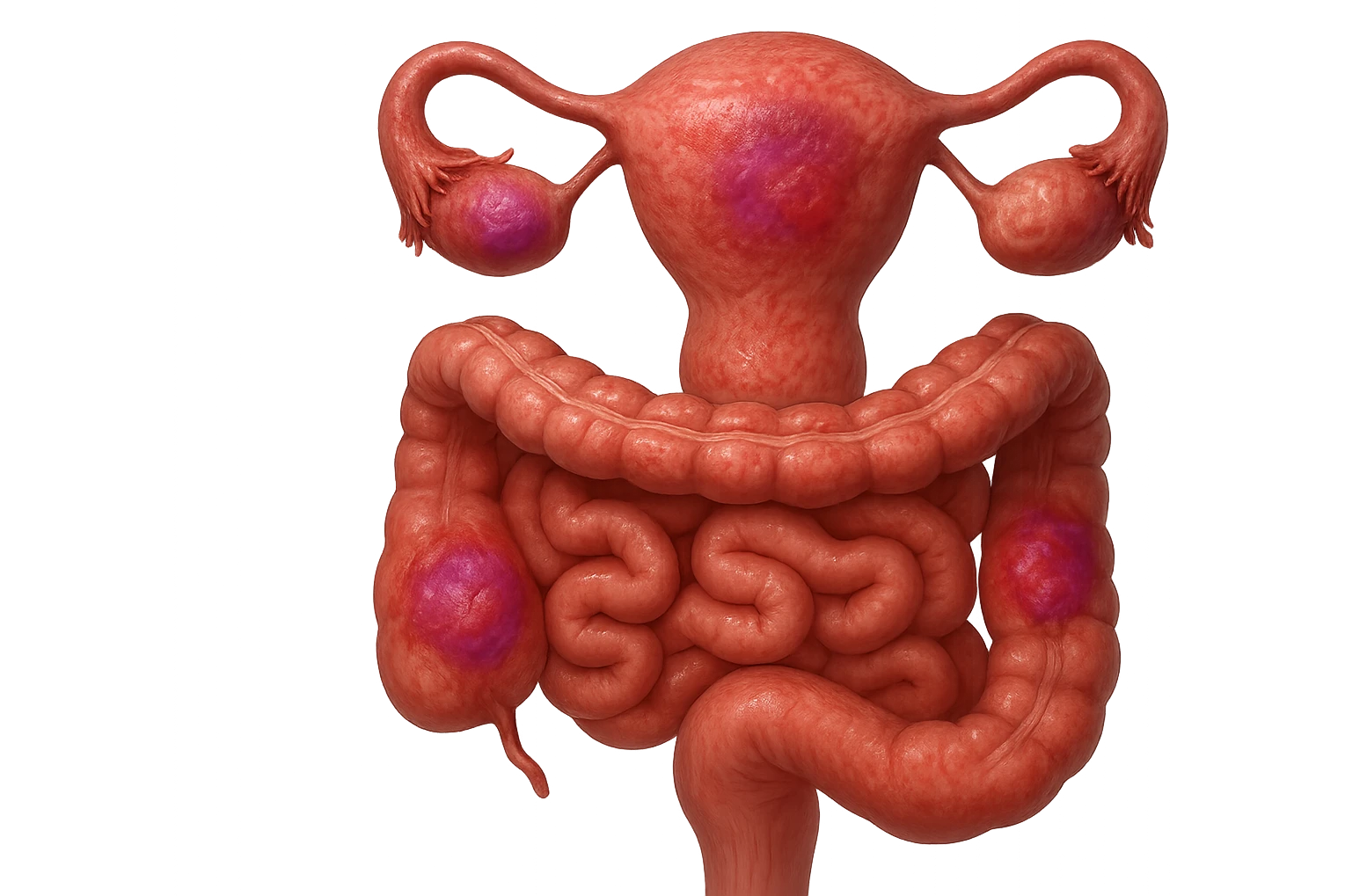 utero umano anatomico iperrealistico e intestino umano anatomico iperrealistico hanno in comune il dolore e l'infiammazione, rendi bene il collegamento tra i due organi doloranti, falla iperrealistica, non disegnata, fai colori che si adattano a questo viola #971ef1 emoji