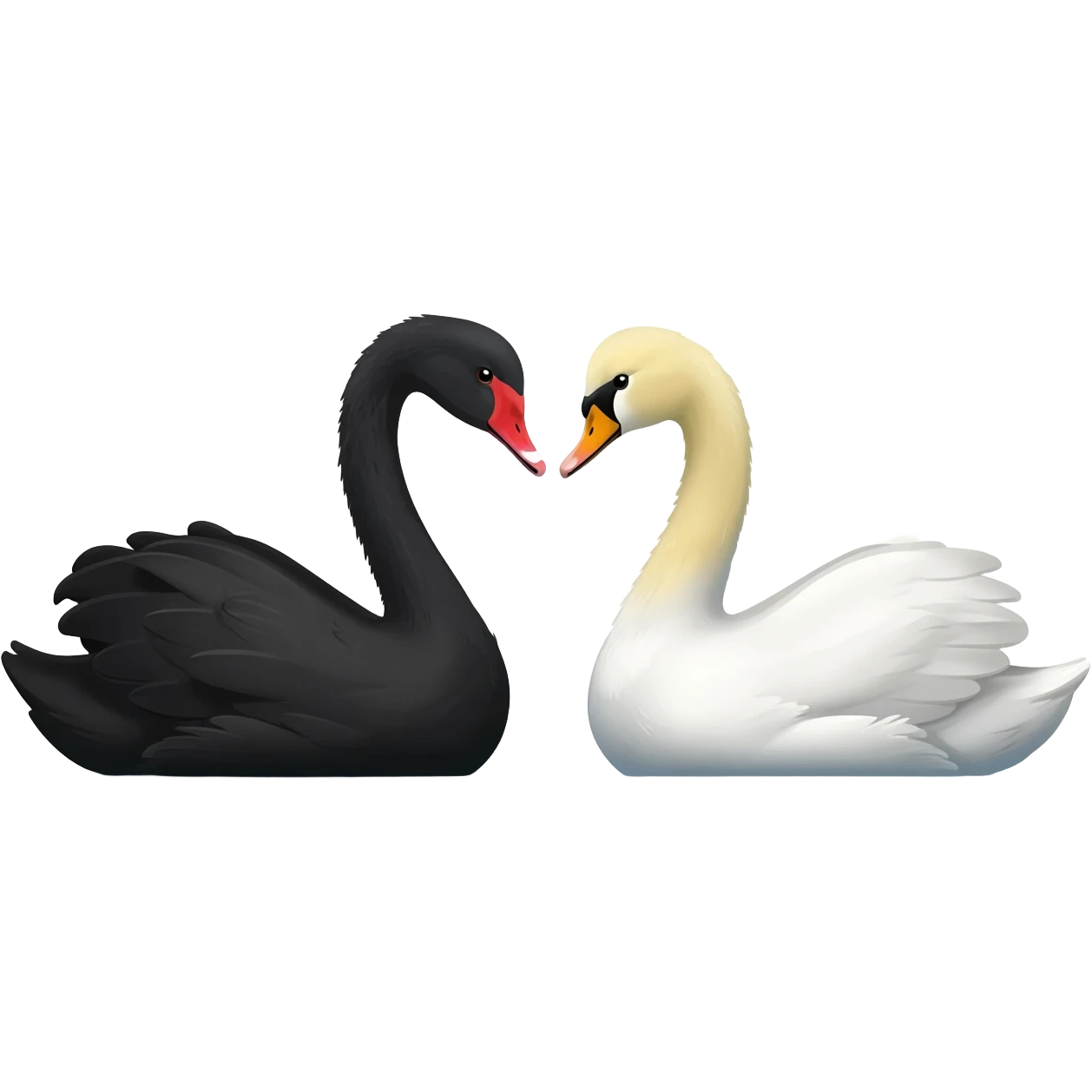 Black swan sitting on the left facing a white swan sitting on the right And their reflection on the water emoji