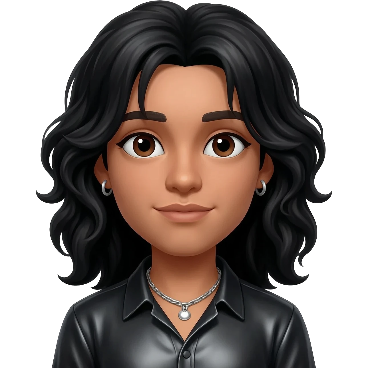 Bizzy Bone with light skin, dark brown eyes, long black wavy hair, black metallic shirt, silver necklace and short earrings emoji
