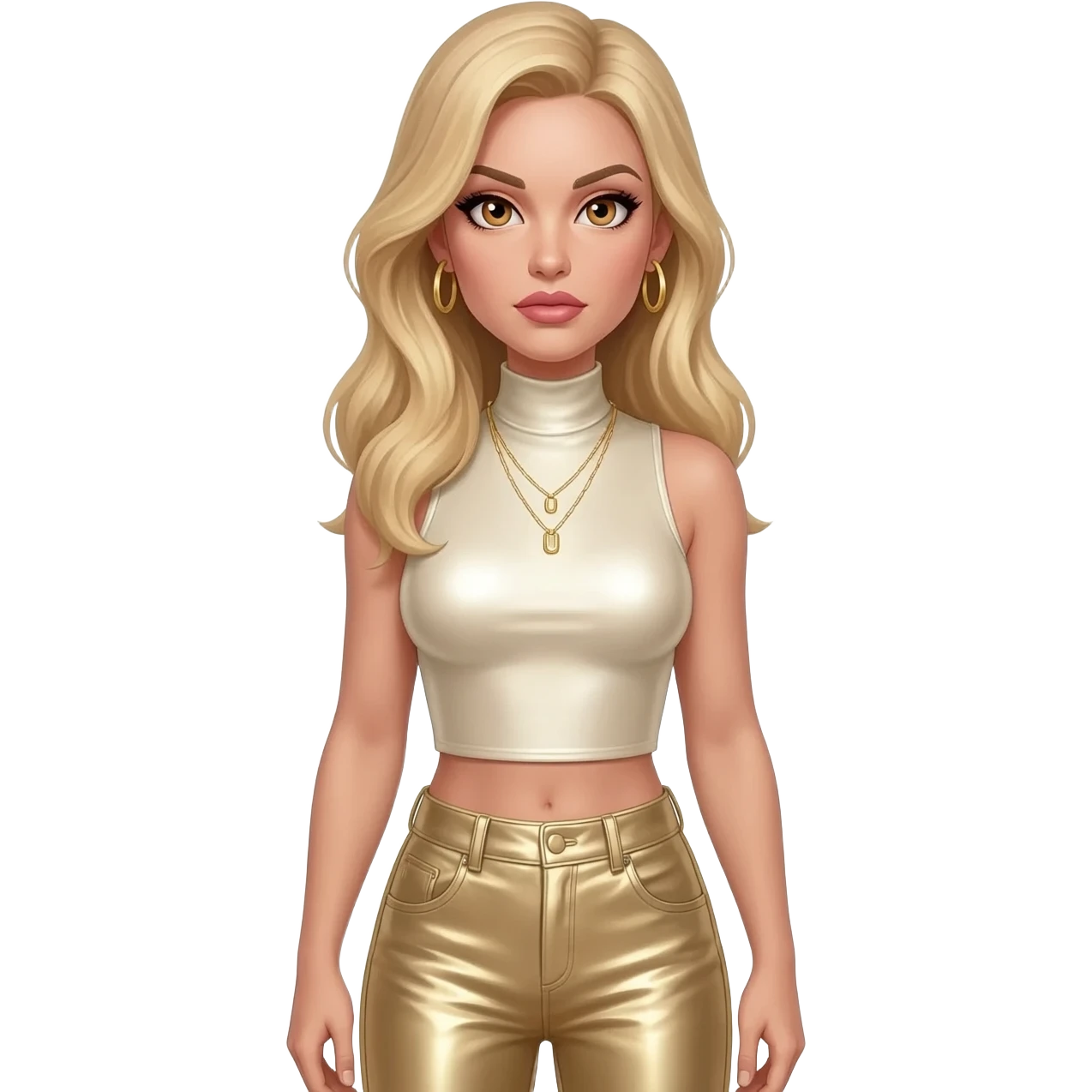 Honey Ryder from James Bond with hazel eyes, long blonde hair, ivory metallic turtleneck crop top, ivory metallic hipster panty, gold necklace, earrings emoji