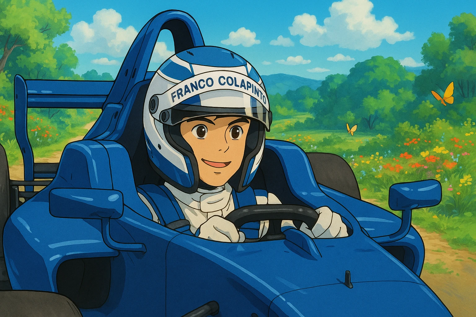 Franco Colapinto driving a blue car, ghibli style emoji