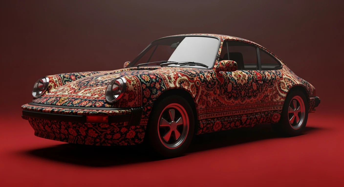 Closeup shot of a porsche 911, body of car made of russian carpet with patterns, red solid studio background, very dark room, top low key light, dutch angle, haze, captured by ARRI 65 emoji