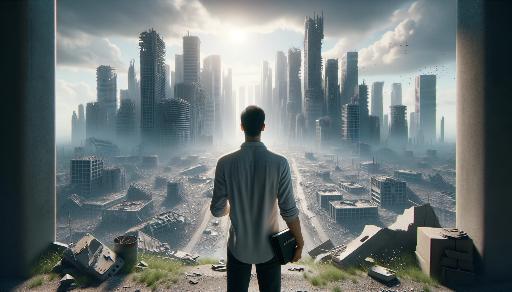 UOMO DI SPALLE DAVANTI AD UNA CITTà SMANTELLATA SENZA MURA CON UNA BIBBIA IN MANO, GUARDA LA CITTà, IPERREALISTICO 4K emoji