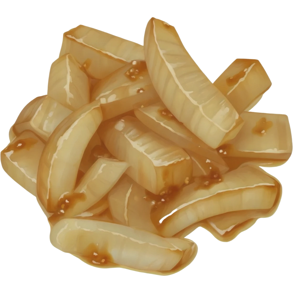 sliced caramelized onions, soft golden brown sauteed onion strips, poached onion pieces, food emoji, 3D style emoji