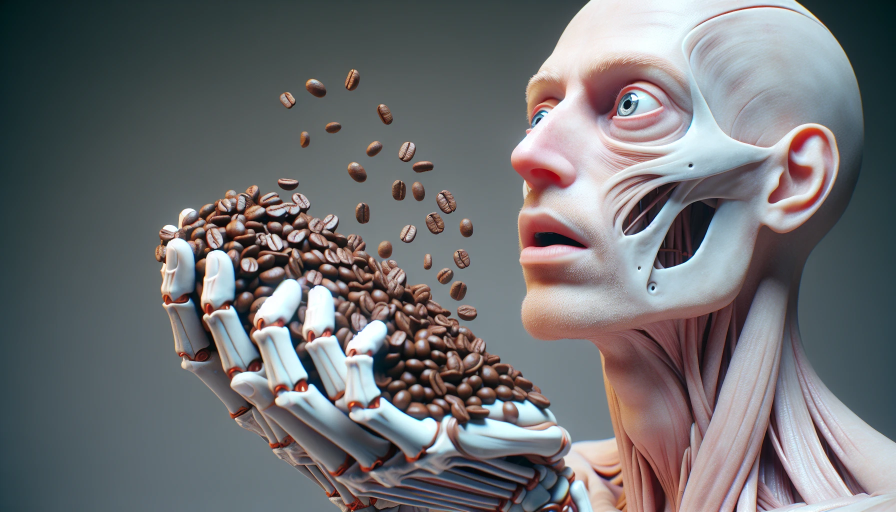 corpo umano anatomico che tiene in mano una manciata di chicchi di caffè e la guarda come se fosse dipendente da essa, stralunato, iperrealistico 4k emoji