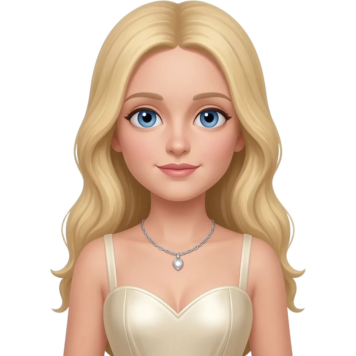 Madonna with blue eyes, long blonde hair, ivory metallic sweetheart dress, silver necklace emoji