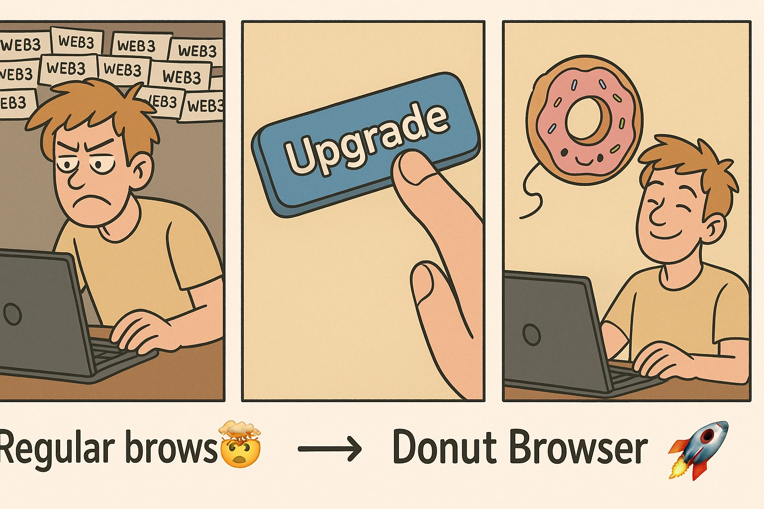 A three-panel meme in the style of 'upgrade button'. First panel: Someone using a traditional browser, surrounded by cluttered tabs, looking frustrated while trying to connect to Web3 apps. Second panel: A close-up of the 'Upgrade' button being pressed. Third panel: The same person using Donut Browser, relaxed and smiling, with a friendly AI assistant shaped like a floating donut helping out. Caption: 'Regular browsers 🤯 → Donut Browser 🍩🚀'. emoji