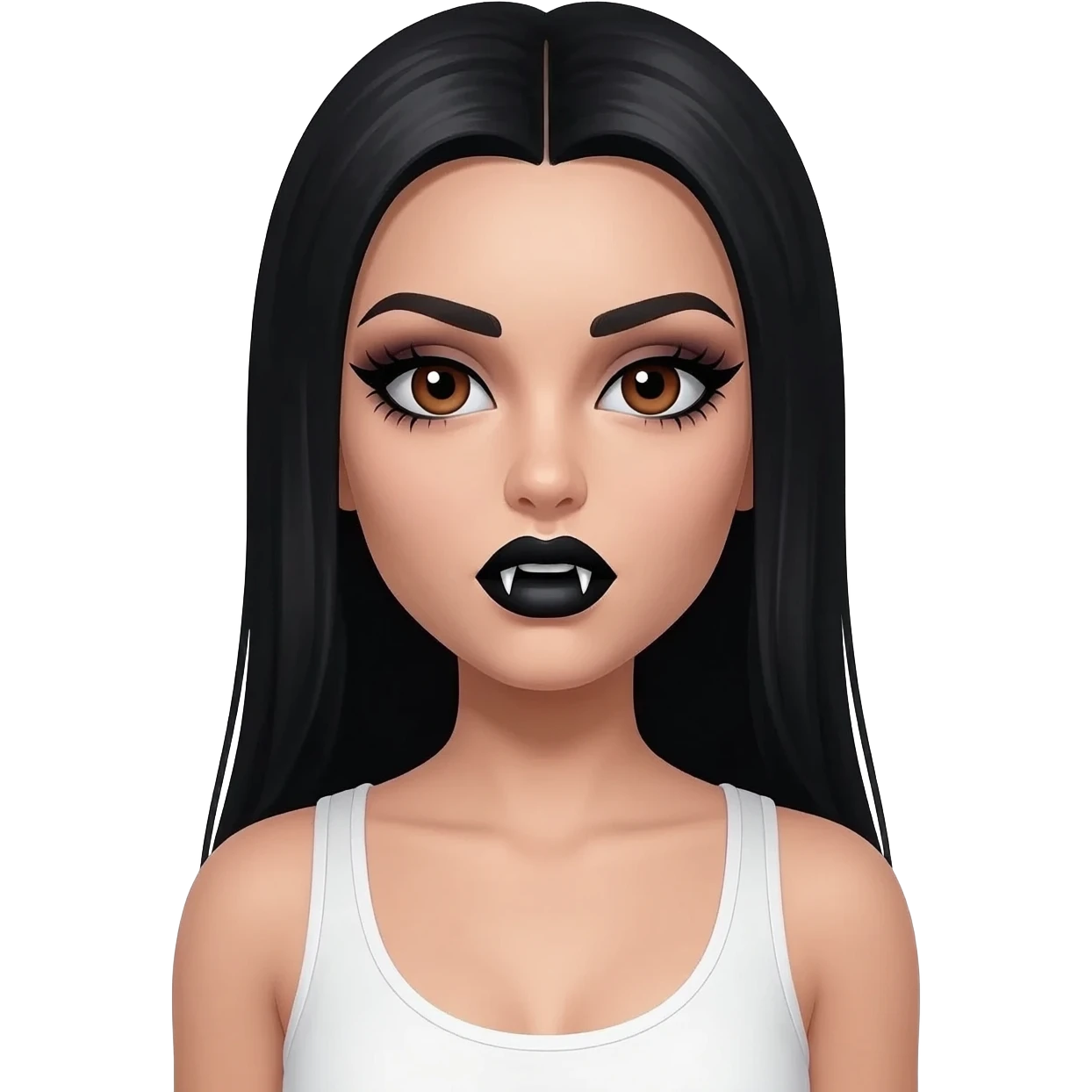 White woman with a white tank top long black hair glossy middle part straight long hair vamp look with fangs brown eyes eyeliner winged with lashes top and bottom white border big lips black eyebrows emoji